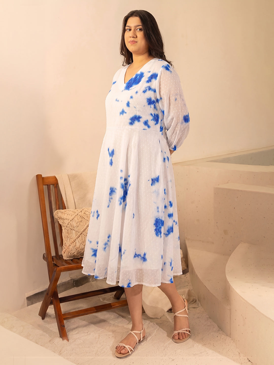 Janasya White Fit & Flare Dobby Georgette Dress - Dista