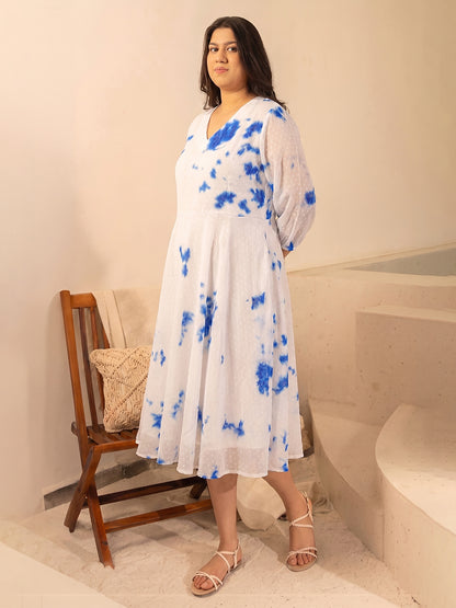 Janasya White Fit & Flare Dobby Georgette Dress - Dista