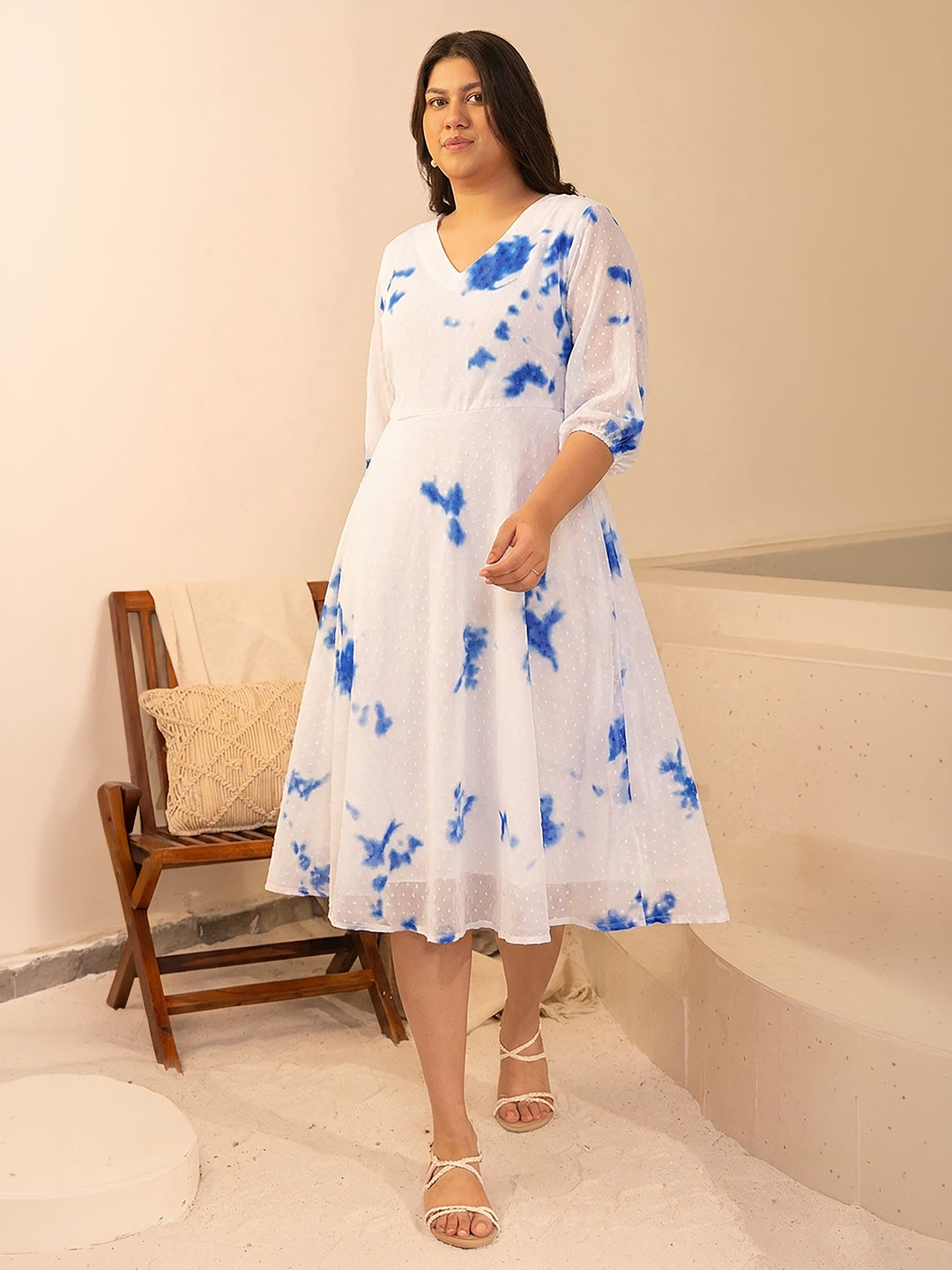 Janasya White Fit & Flare Dobby Georgette Dress - Dista