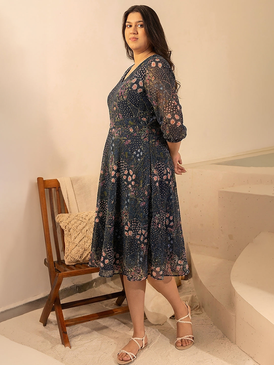 Janasya Charcoal Fit & Flare Georgette Dress - Dista