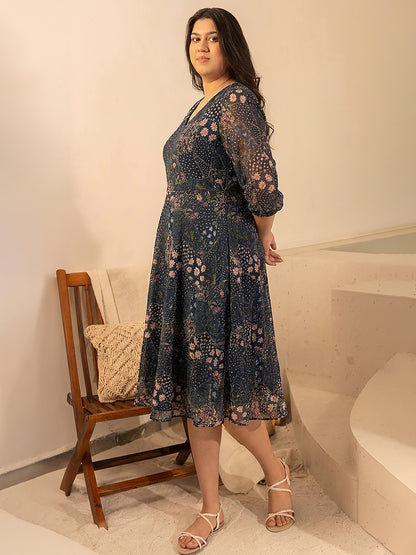 Janasya Charcoal Fit & Flare Georgette Dress - Dista