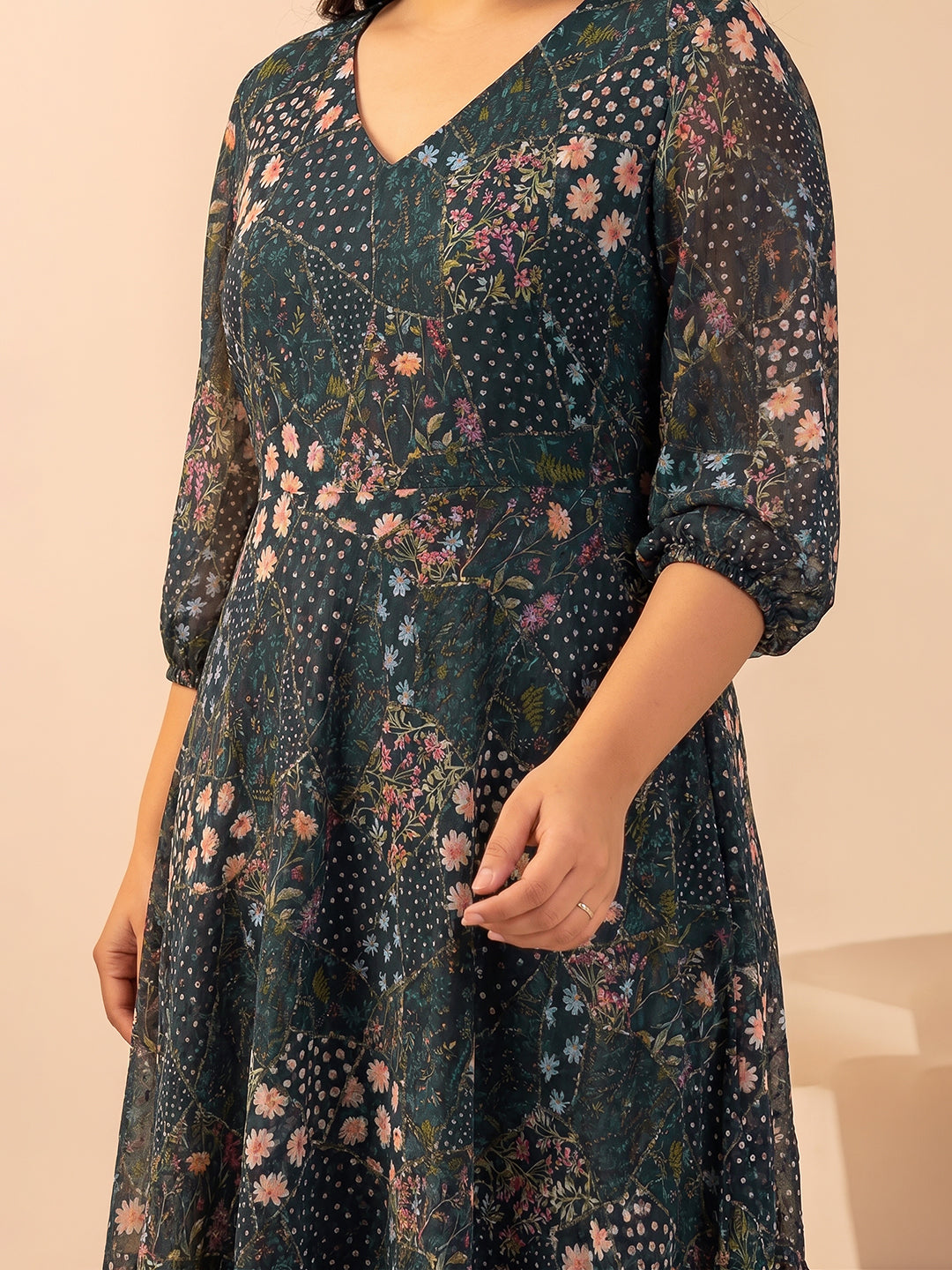 Janasya Charcoal Fit & Flare Georgette Dress - Dista