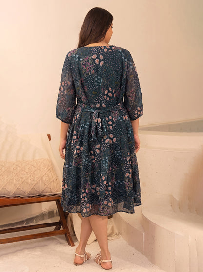Janasya Charcoal Fit & Flare Georgette Dress - Dista
