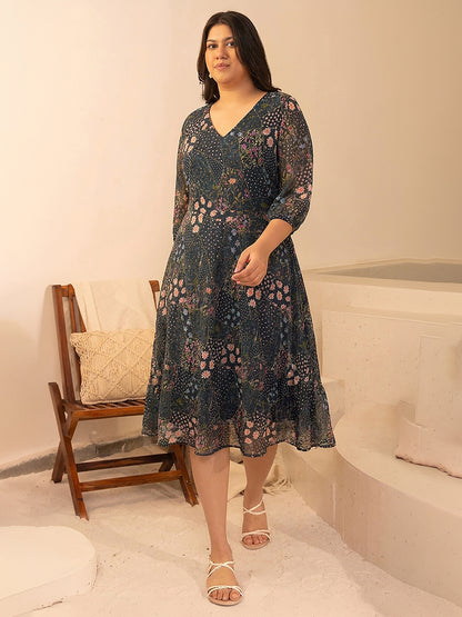 Janasya Charcoal Fit & Flare Georgette Dress - Dista