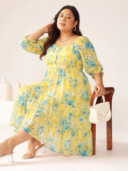 Janasya Yellow Tiered Georgette Dress - Dista