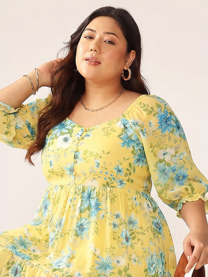 Janasya Yellow Tiered Georgette Dress - Dista