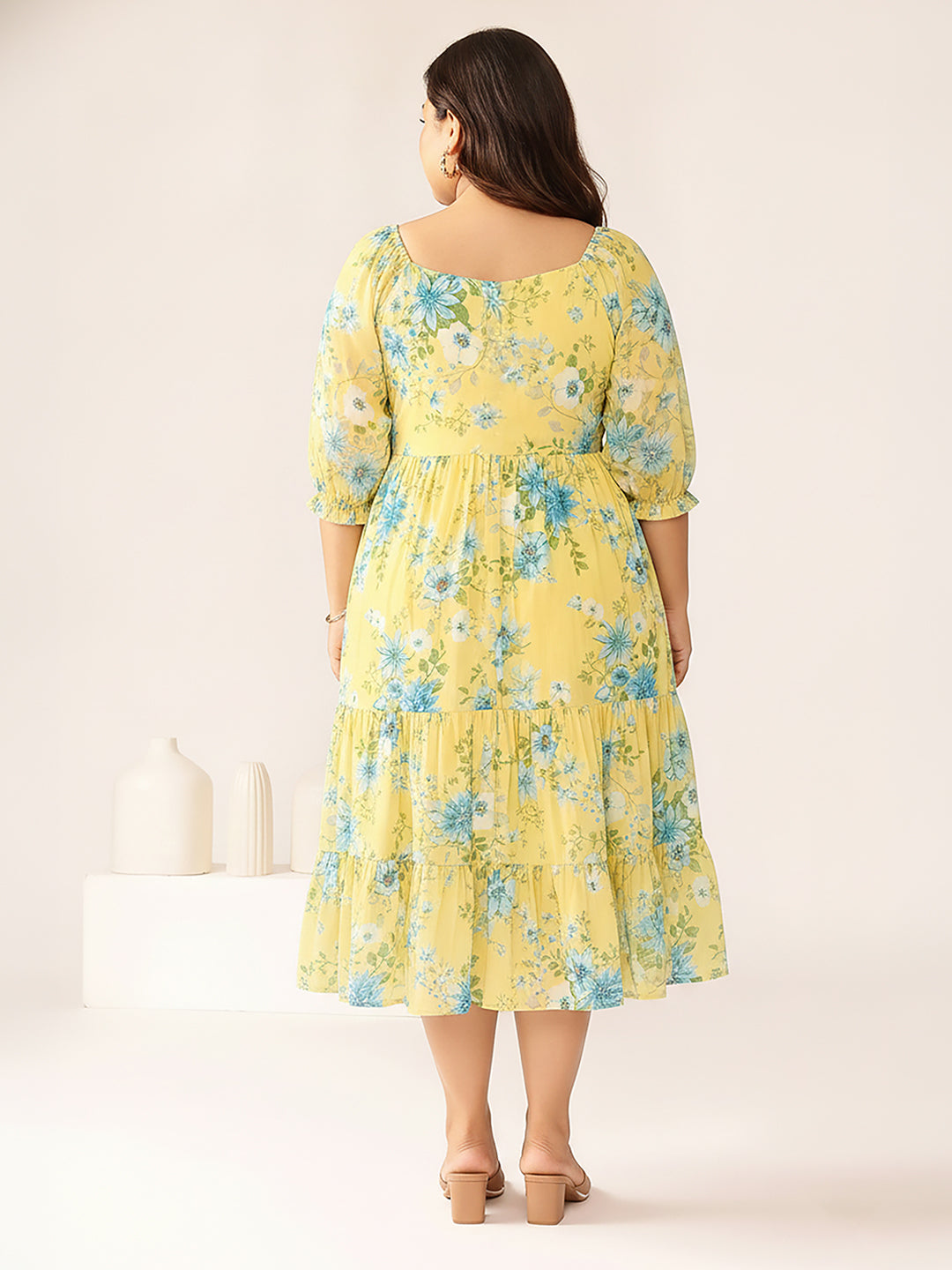 Janasya Yellow Tiered Georgette Dress - Dista