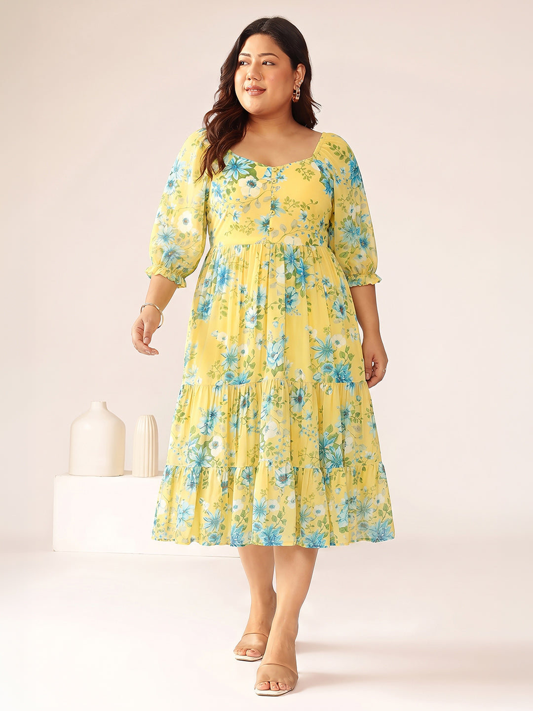 Janasya Yellow Tiered Georgette Dress - Dista