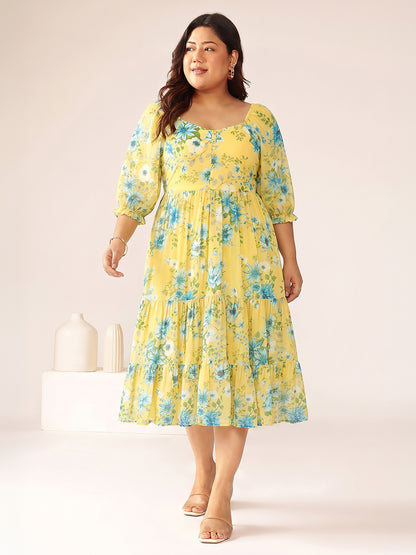 Janasya Yellow Tiered Georgette Dress - Dista