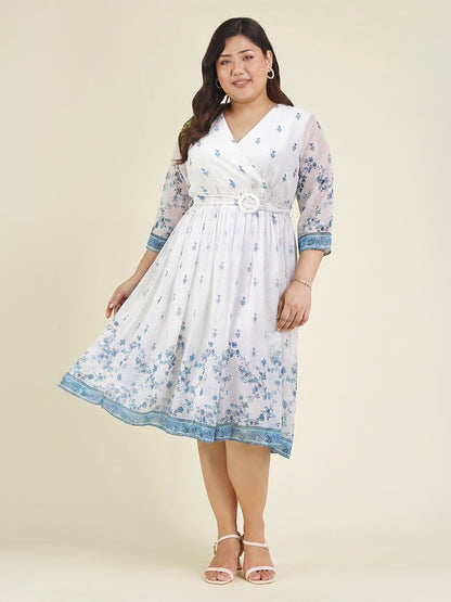 Janasya White Fit & Flare Dobby Georgette Dress - Dista
