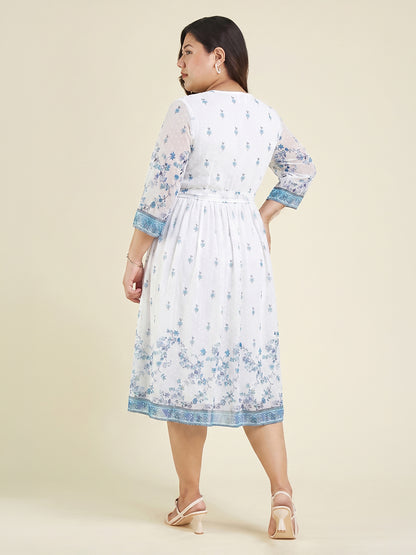 Janasya White Fit & Flare Dobby Georgette Dress - Dista