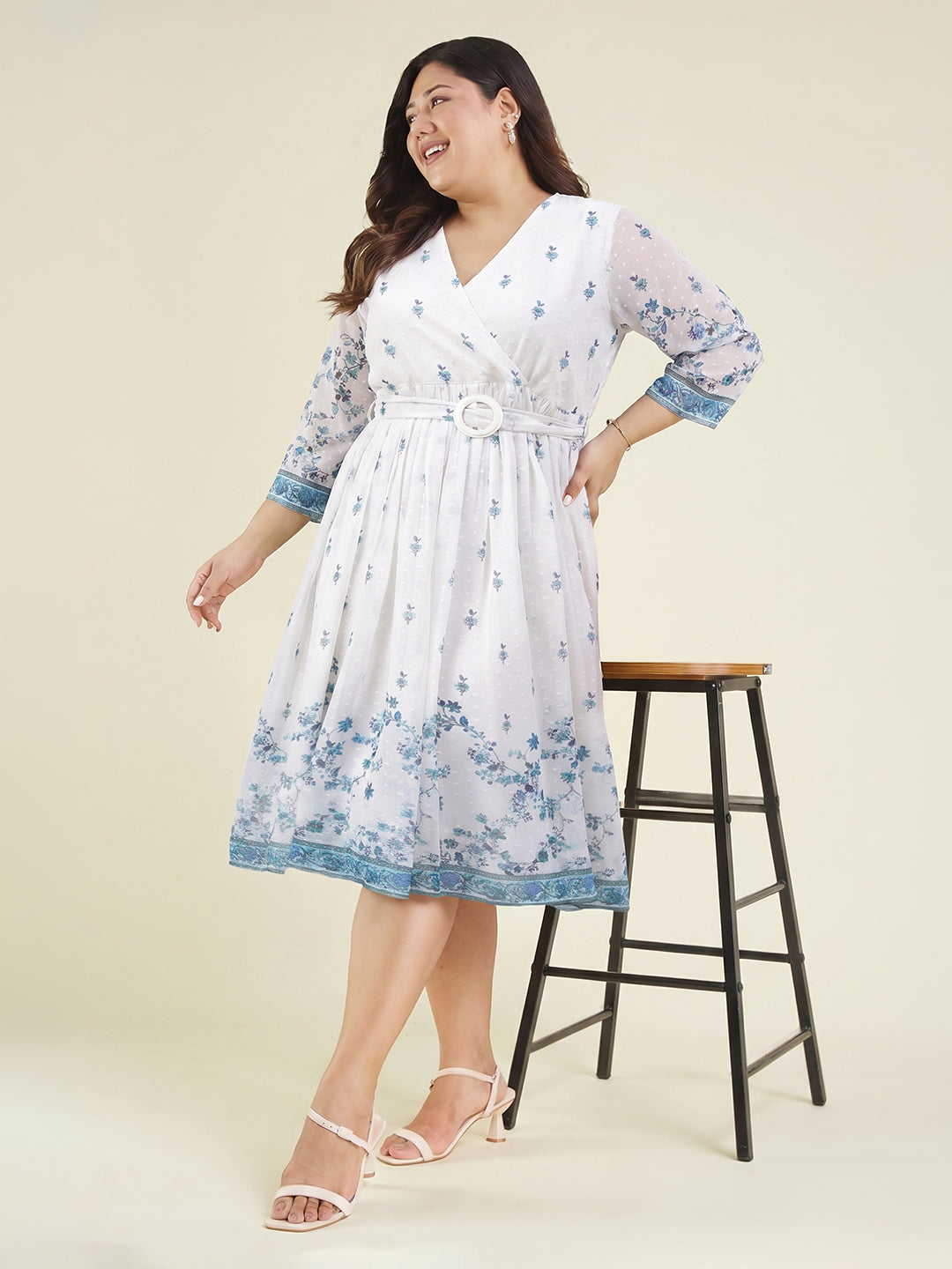 Janasya White Fit & Flare Dobby Georgette Dress - Dista
