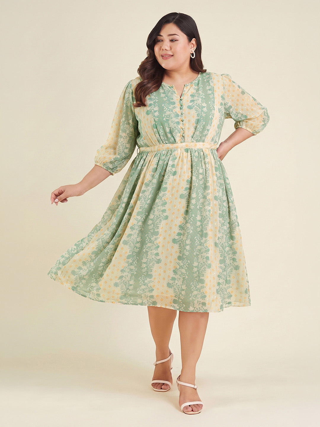 Janasya Cream Fit & Flare Dobby Georgette Dress - Dista