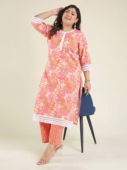 Janasya Orange Straight Cotton Kurta & Bottom - Dista