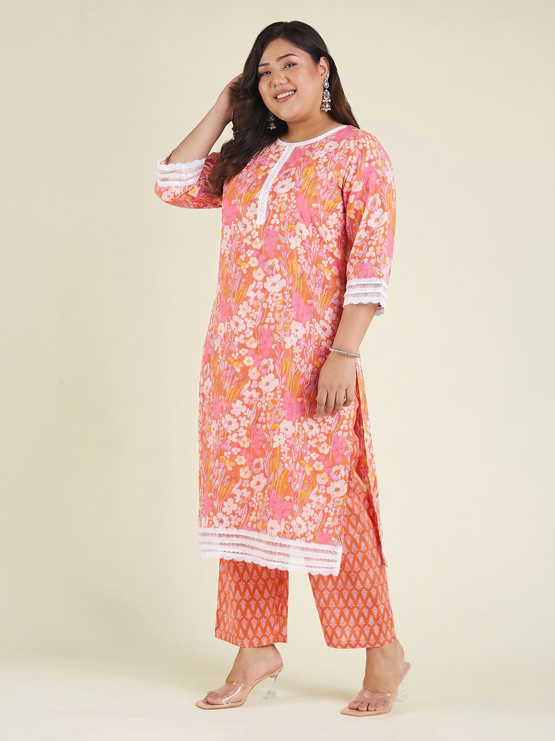 Janasya Orange Straight Cotton Kurta & Bottom - Dista