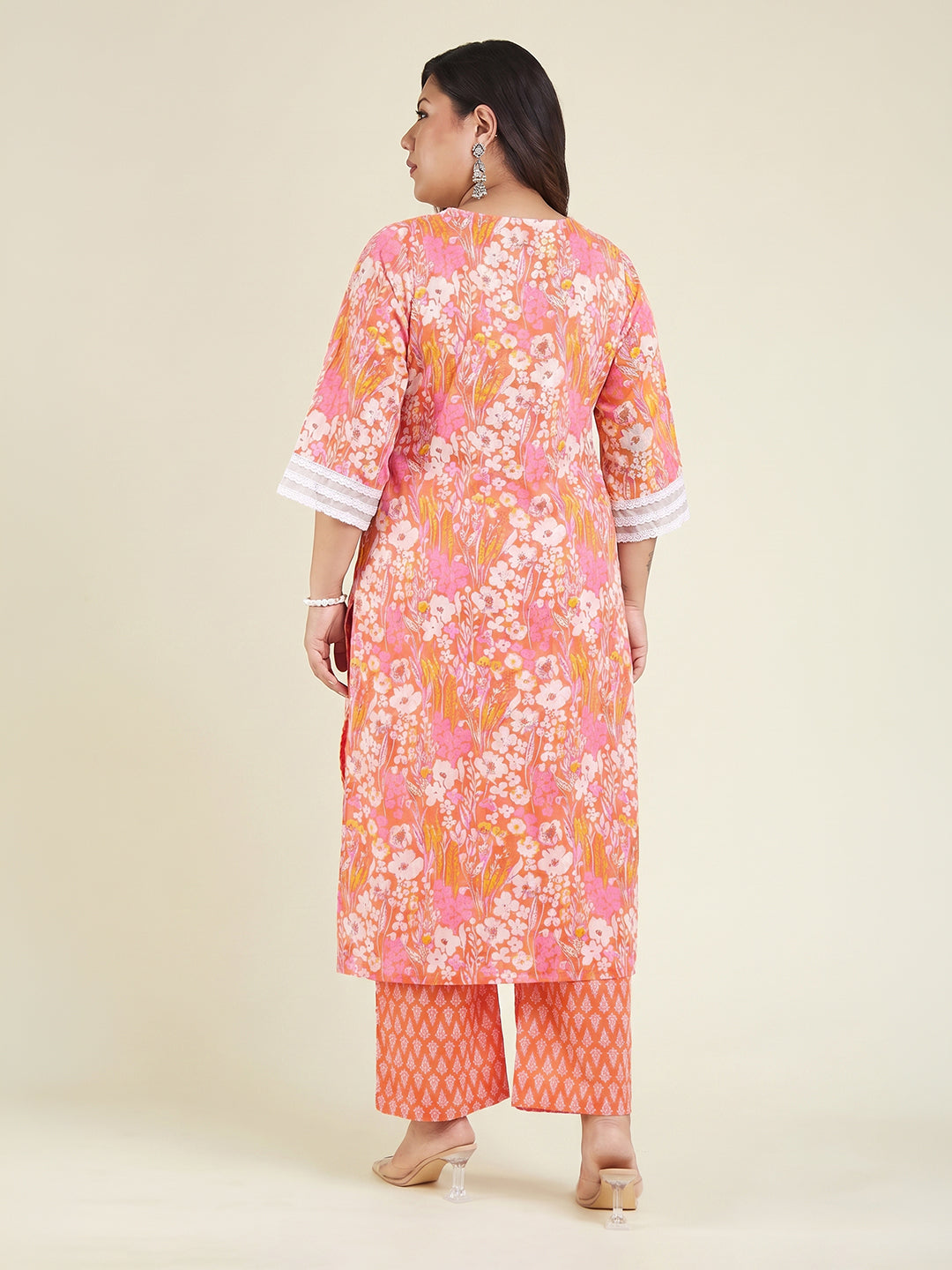 Janasya Orange Straight Cotton Kurta & Bottom - Dista