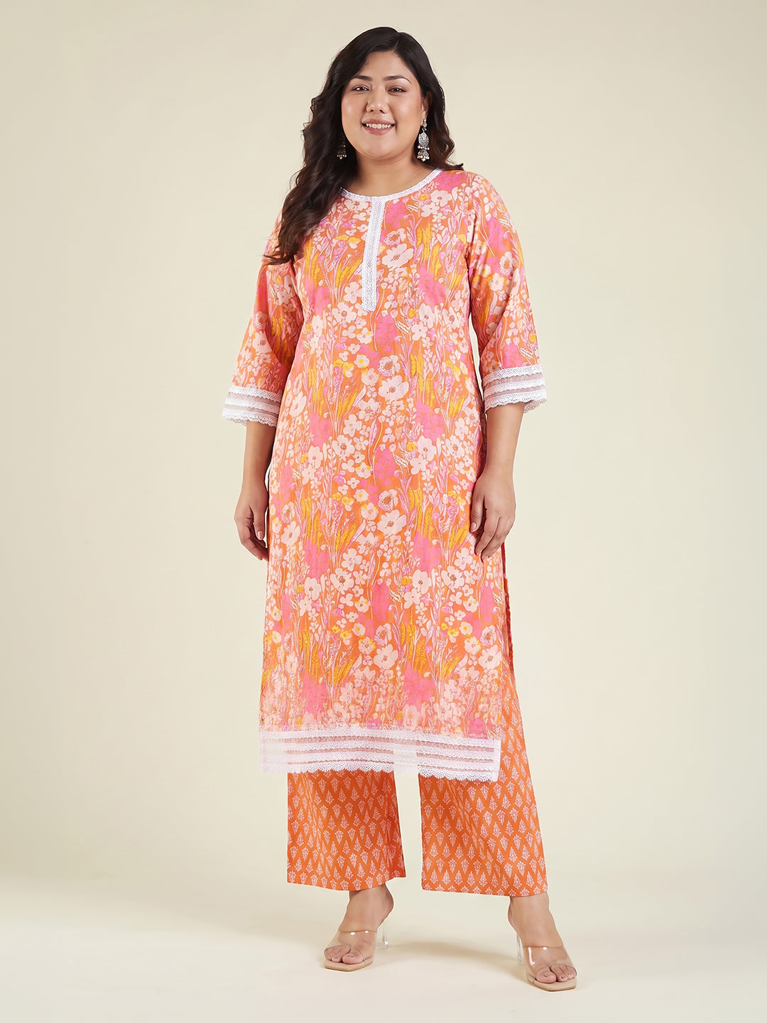 Janasya Orange Straight Cotton Kurta & Bottom - Dista