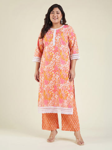 Janasya Orange Straight Cotton Kurta & Bottom - Dista