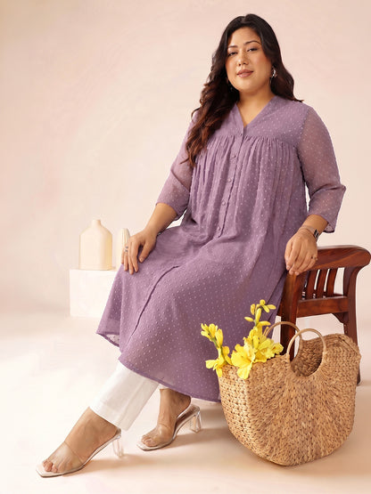 Janasya Lavender A-Line Dobby Chiffon Kurta - Dista