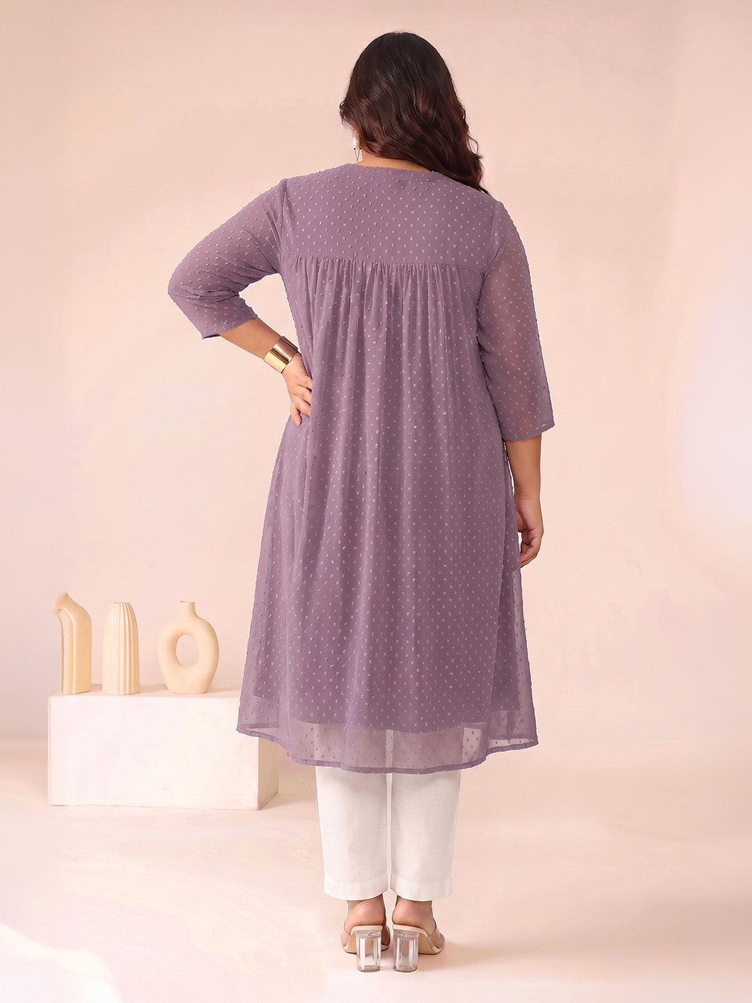 Janasya Lavender A-Line Dobby Chiffon Kurta - Dista