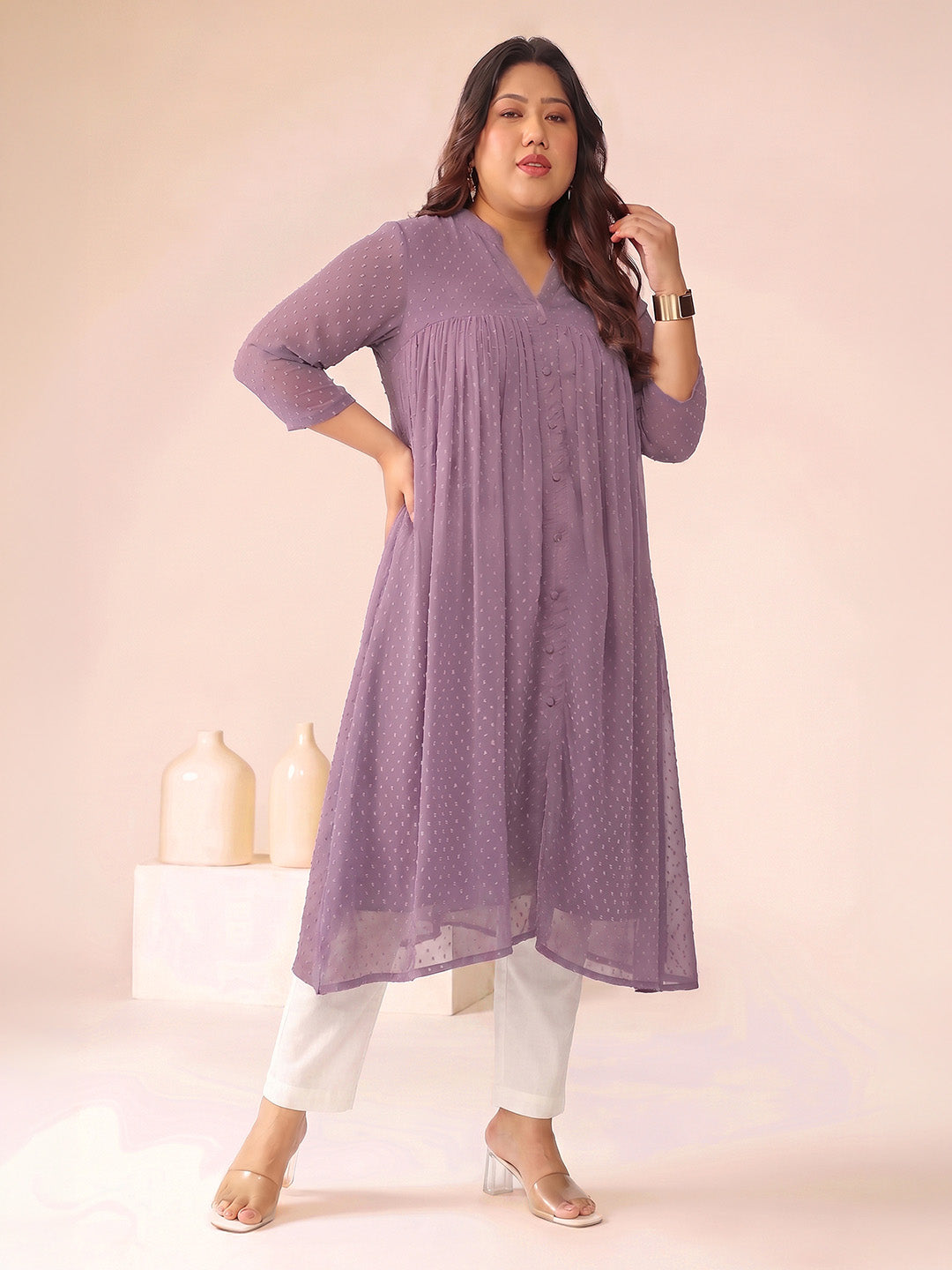 Janasya Lavender A-Line Dobby Chiffon Kurta - Dista