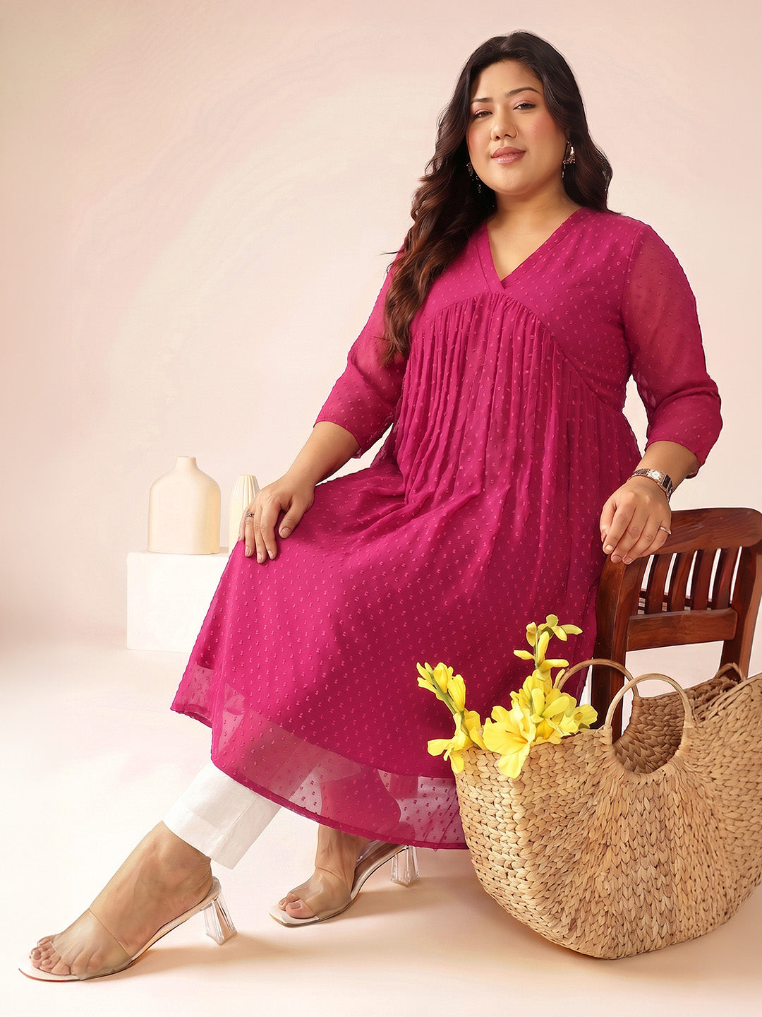 Janasya Magenta A-Line Dobby Chiffon Kurta - Dista