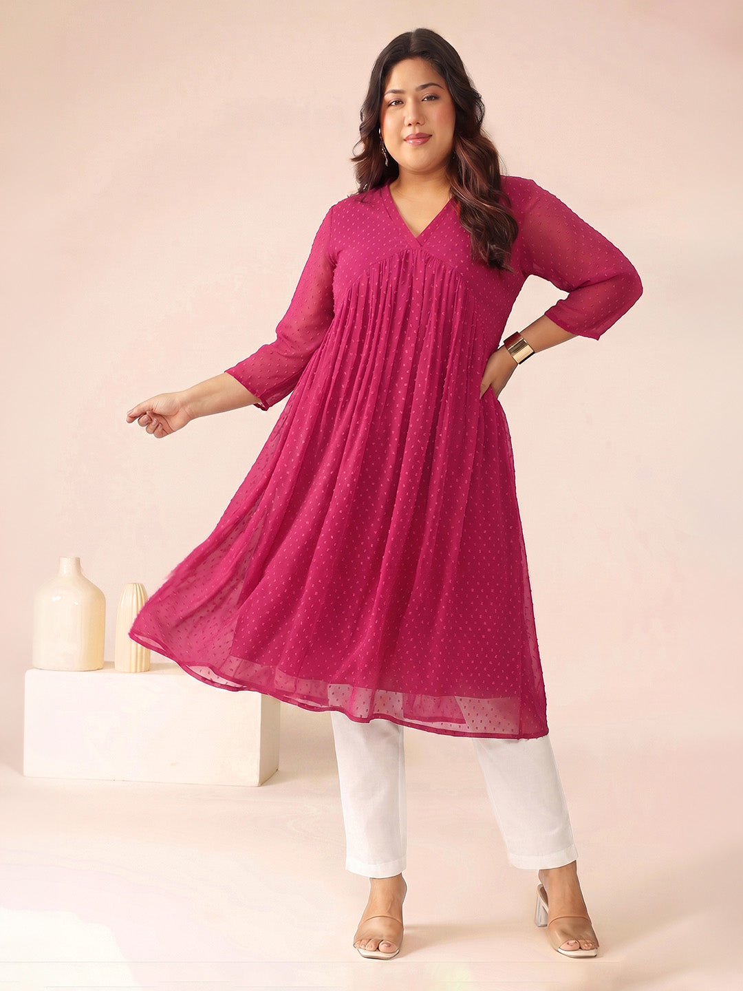 Janasya Magenta A-Line Dobby Chiffon Kurta - Dista