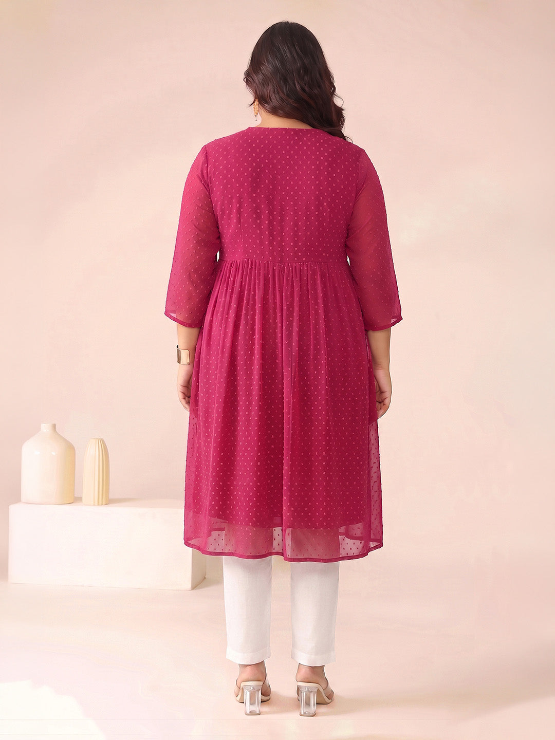 Janasya Magenta A-Line Dobby Chiffon Kurta - Dista