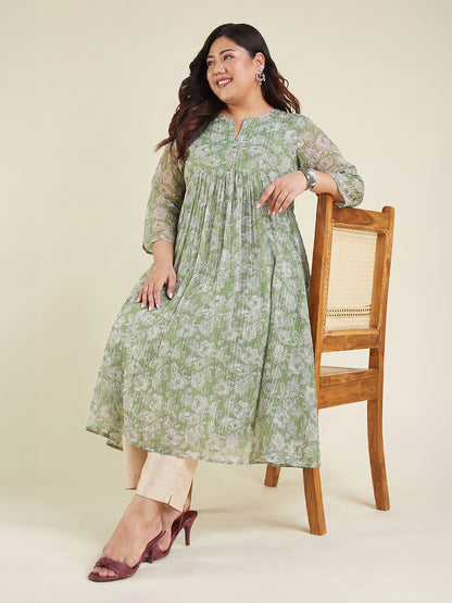 Janasya Green A-Line Chiffon Kurta - Dista