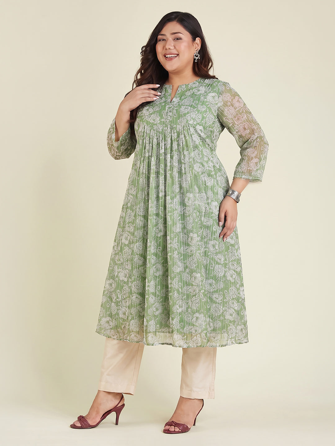 Janasya Green A-Line Chiffon Kurta - Dista