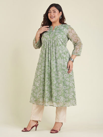 Janasya Green A-Line Chiffon Kurta - Dista