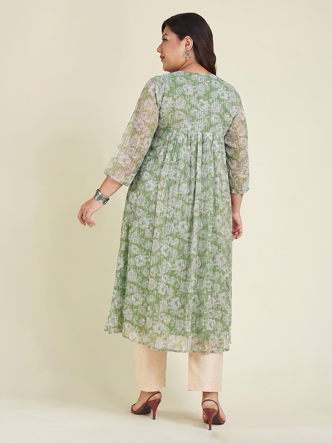 Janasya Green A-Line Chiffon Kurta - Dista
