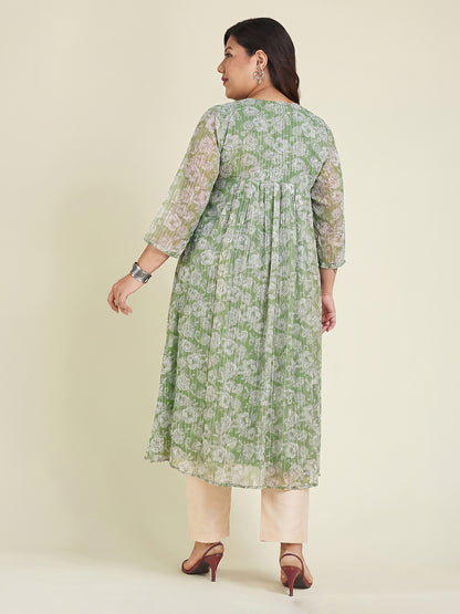 Janasya Green A-Line Chiffon Kurta - Dista