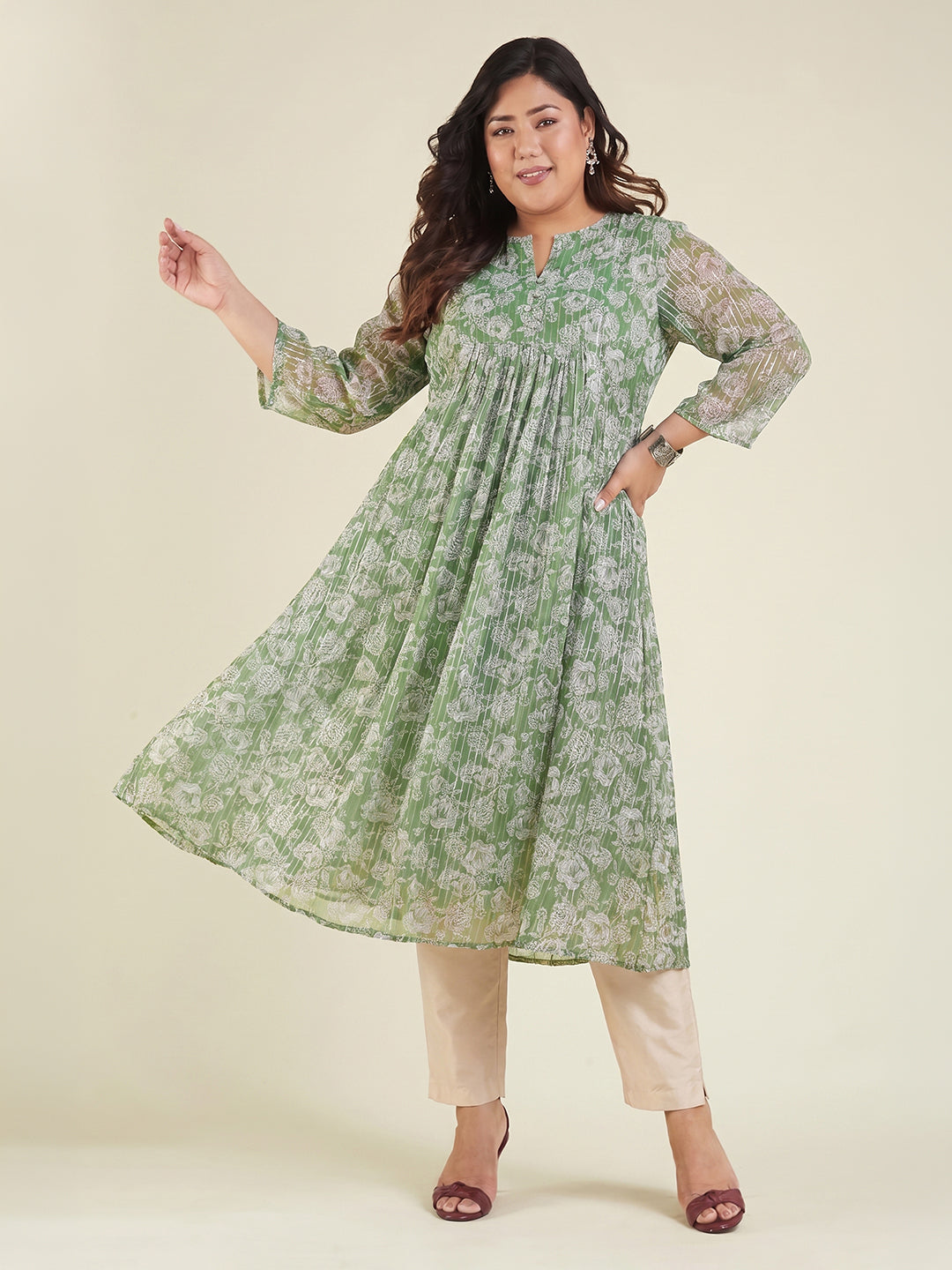 Janasya Green A-Line Chiffon Kurta - Dista