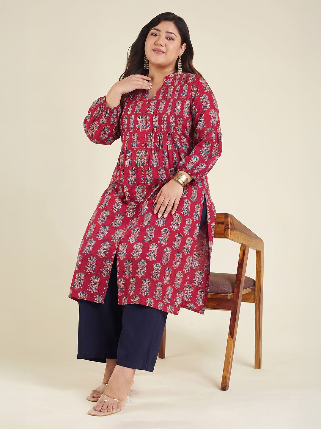 Janasya Maroon Straight Cotton Kurta - Dista