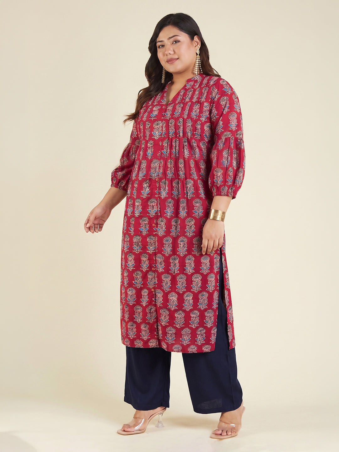 Janasya Maroon Straight Cotton Kurta - Dista
