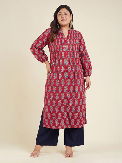 Janasya Maroon Straight Cotton Kurta - Dista