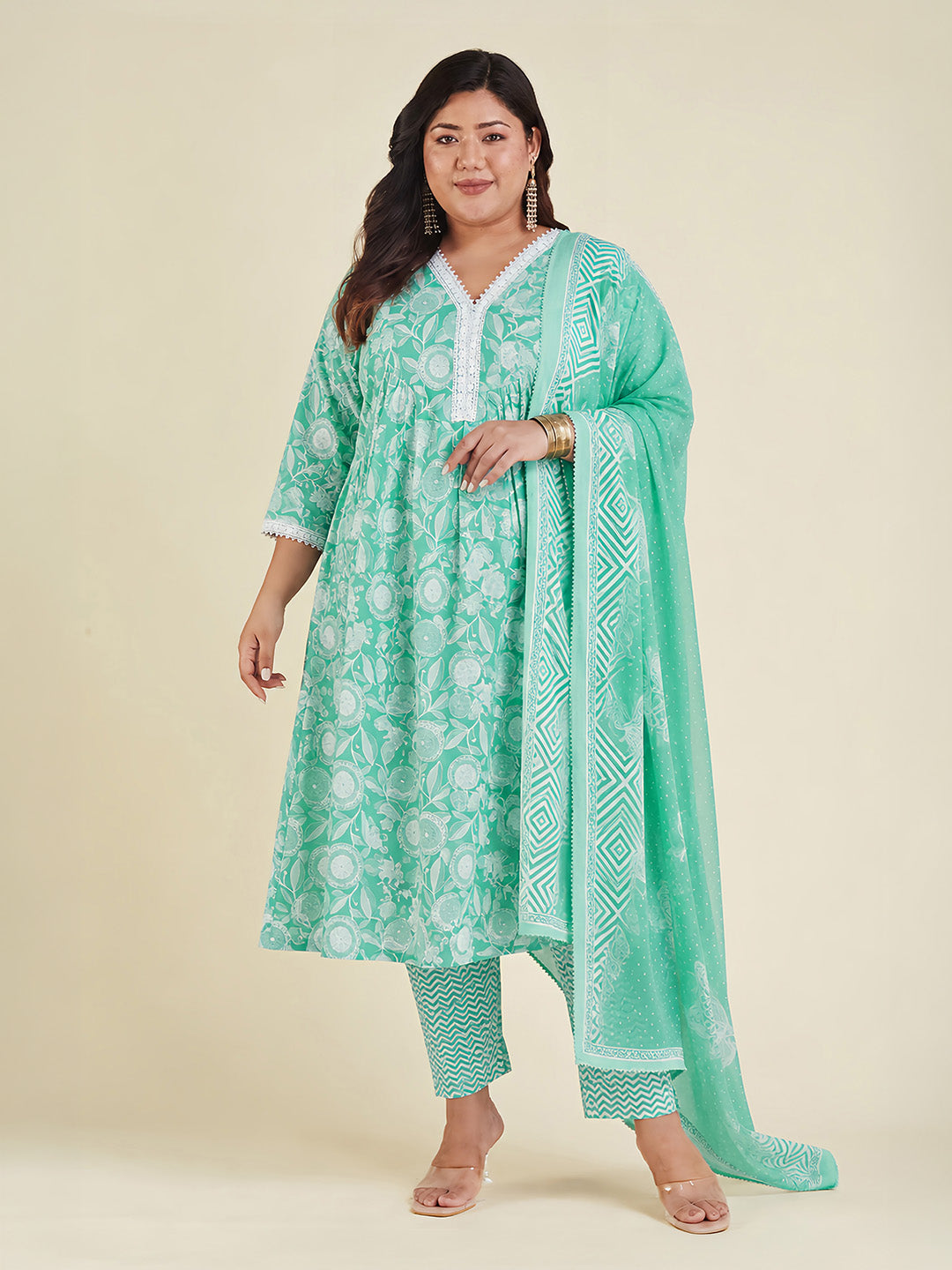 Janasya Sea Green Straight Cotton Kurta,Bottom & Dupatta - Dista