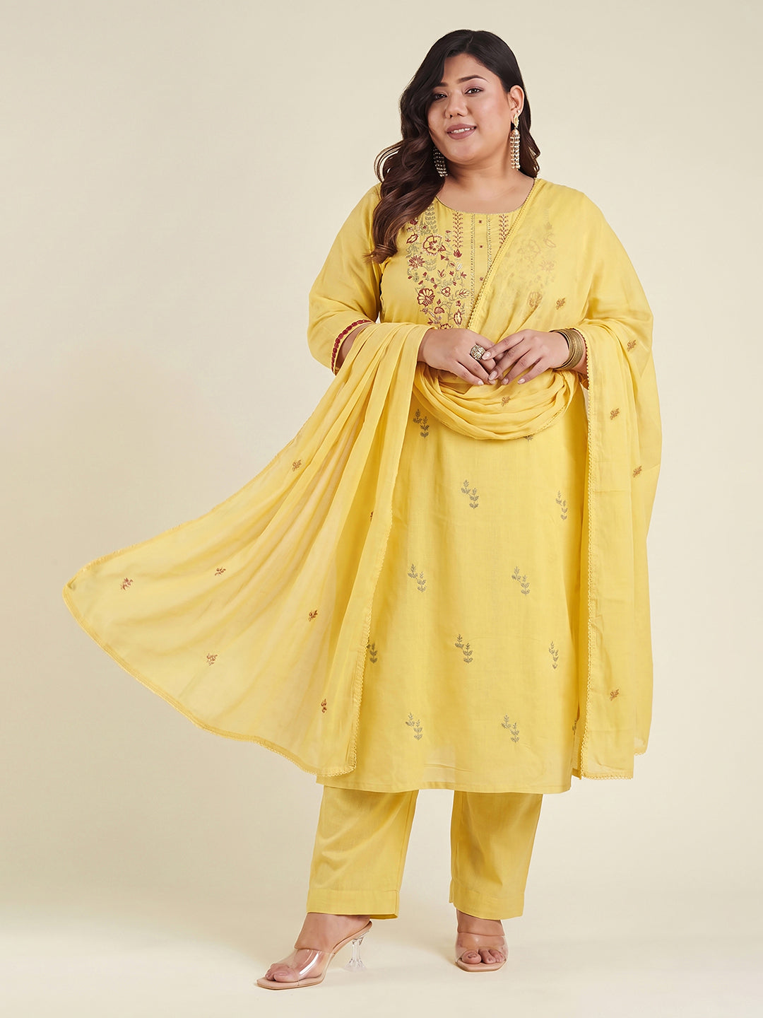 Janasya Yellow Straight Cotton Kurta,Bottom & Dupatta - Dista