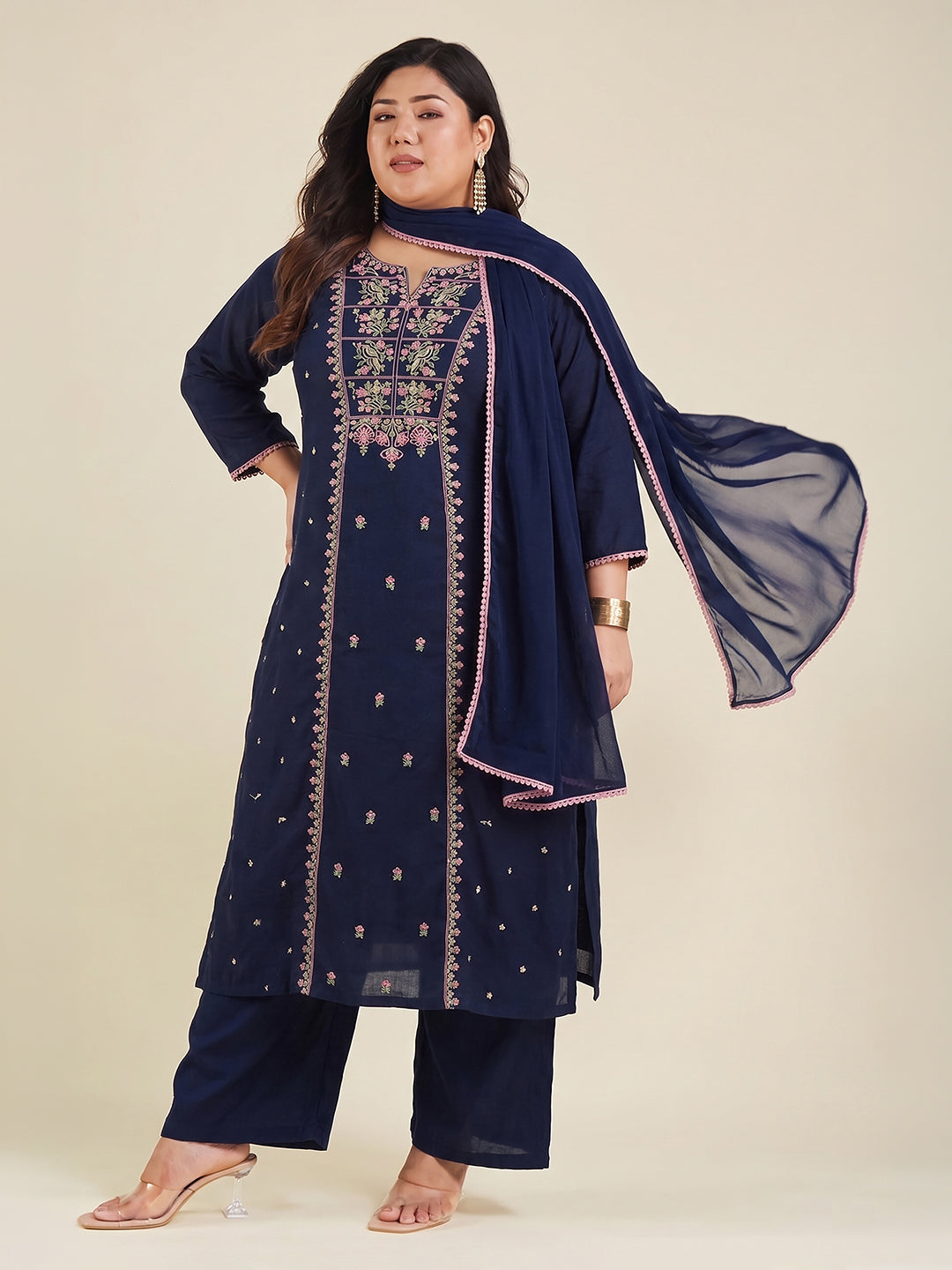 Janasya Navy Blue Straight Cotton Kurta,Bottom & Dupatta - Dista