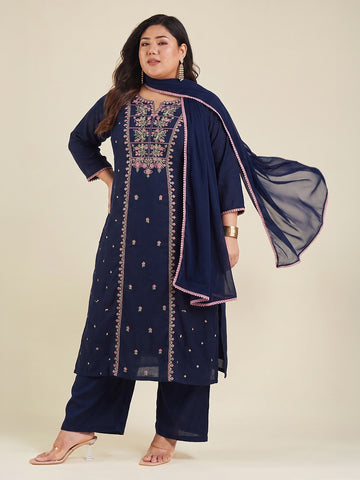 Janasya Navy Blue Straight Cotton Kurta,Bottom & Dupatta - Dista