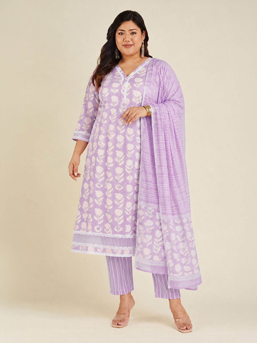 Janasya Lavender Straight Cotton Kurta,Bottom & Dupatta - Dista