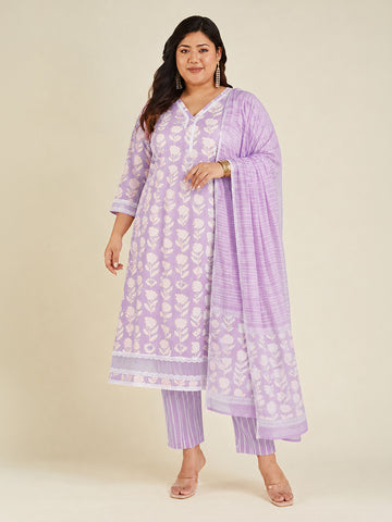 Janasya Lavender Straight Cotton Kurta,Bottom & Dupatta - Dista