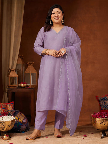Janasya Lavender Straight Silk Blend Kurta,Bottom & Dupatta - Dista
