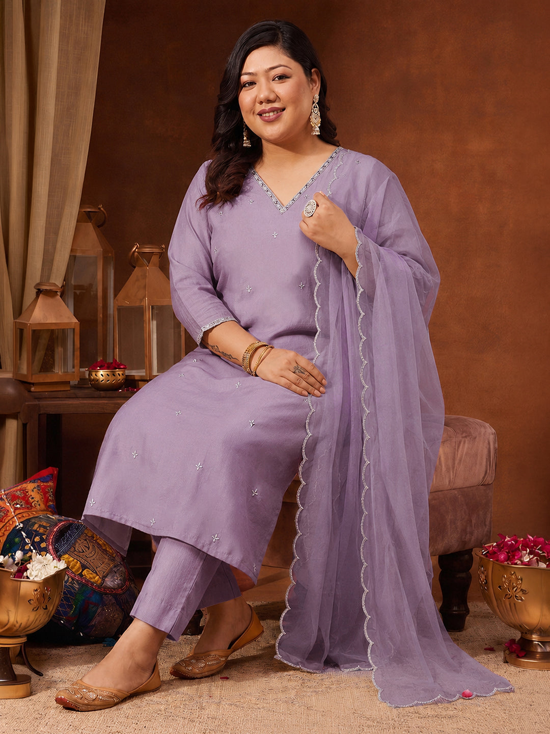 Janasya Lavender Straight Silk Blend Kurta,Bottom & Dupatta - Dista