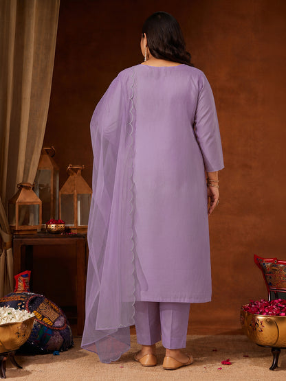 Janasya Lavender Straight Silk Blend Kurta,Bottom & Dupatta - Dista