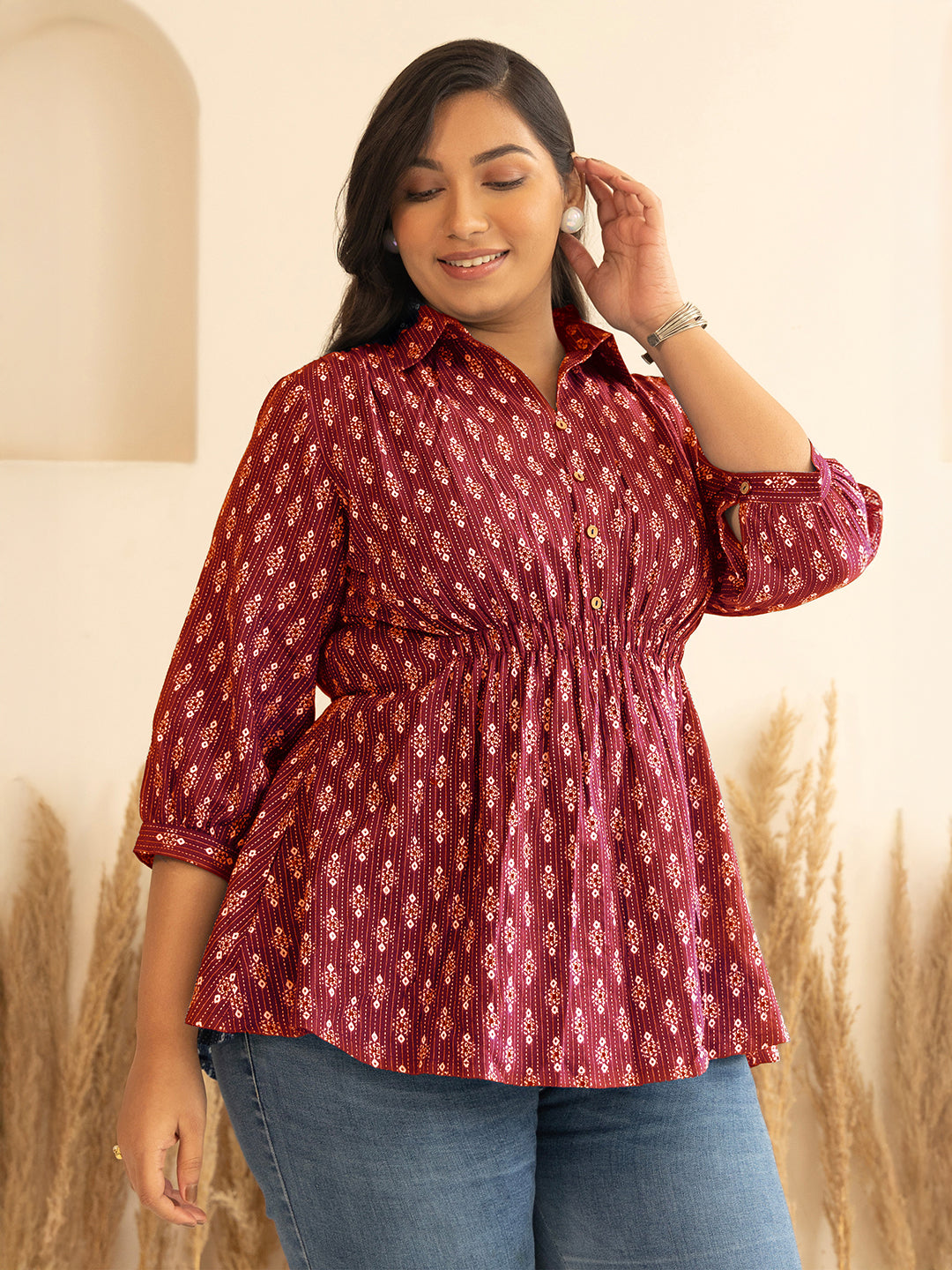 Janasya Red Peplum Cotton Top - Dista