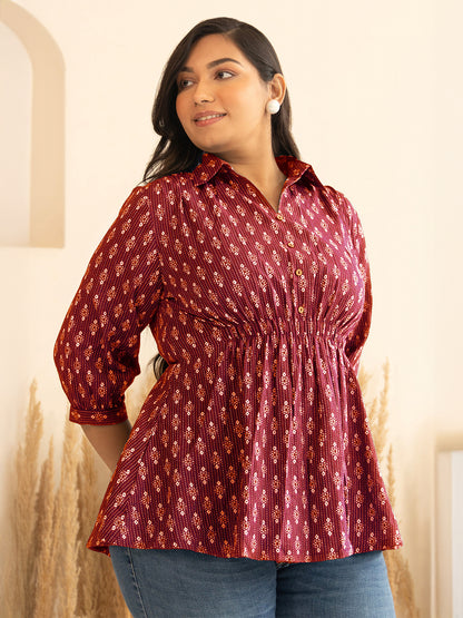 Janasya Red Peplum Cotton Top - Dista
