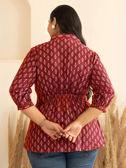 Janasya Red Peplum Cotton Top - Dista