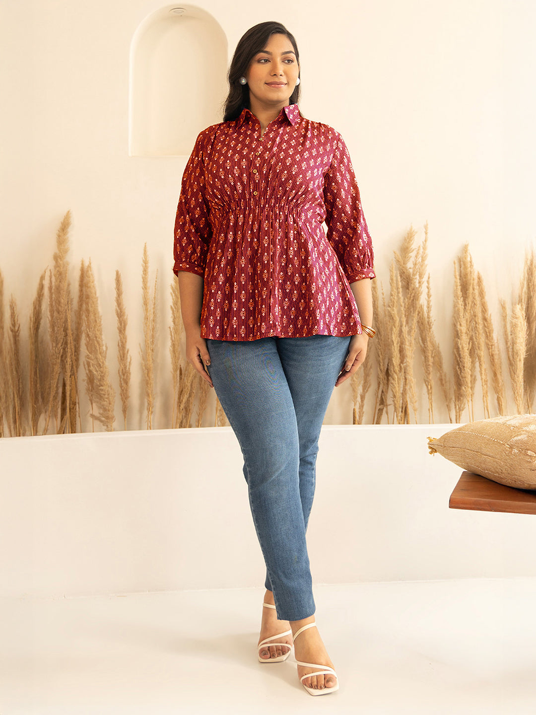 Janasya Red Peplum Cotton Top - Dista